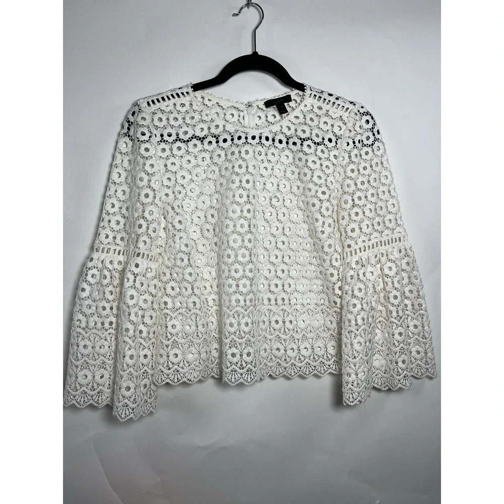 J CREW White Daisy Lace Boxy Top Blouse Bell-Sleeve Sz 2 Boho Floral‎ Whimsy
